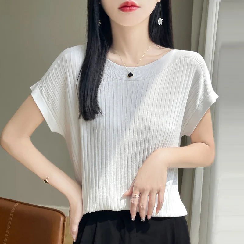 Summer Thin Ice Silk Knitted Loose T-Shirt Women's Short Sleeve Versatile Top Breathable Cool Feeling Pure Color Basic Fit