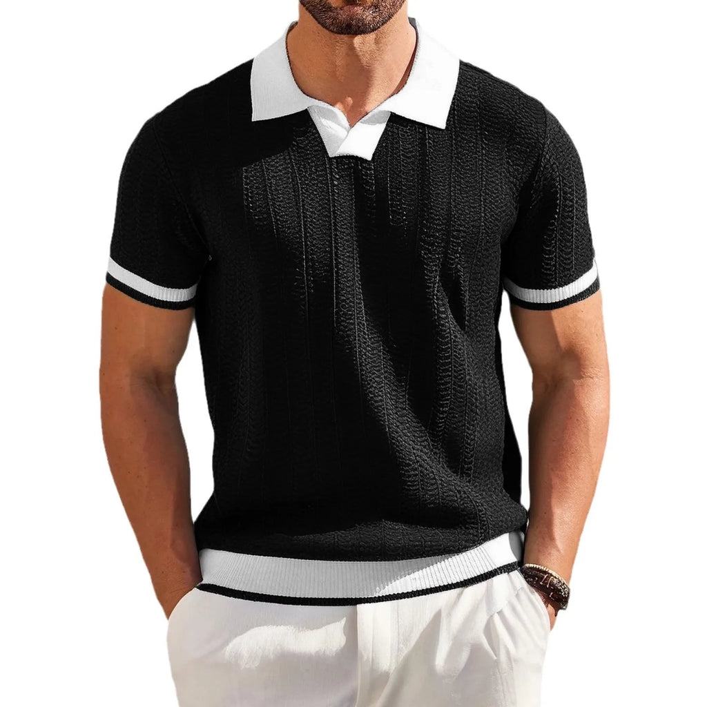 Summefashion Patchwork Knitted Polo Shirts Men Business Casual Turn Down Collar Knit Polos Male Vintage Short Sleeve Tees Tops
