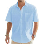 Men's Solid Color Cotton Linen Short Sleeve Shirts Vacation Beach Summer Tops with Pocket Casual Lightweight Button Shirts