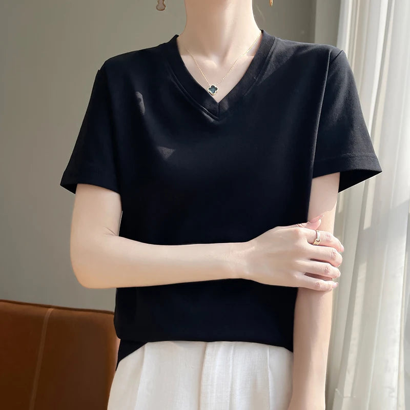 Summer V-neck 100% Cotton Short-Sleeved T-Shirt Women's Loose Mercerized Cotton Half-Sleeve Bottoming Shirt White High-end Top