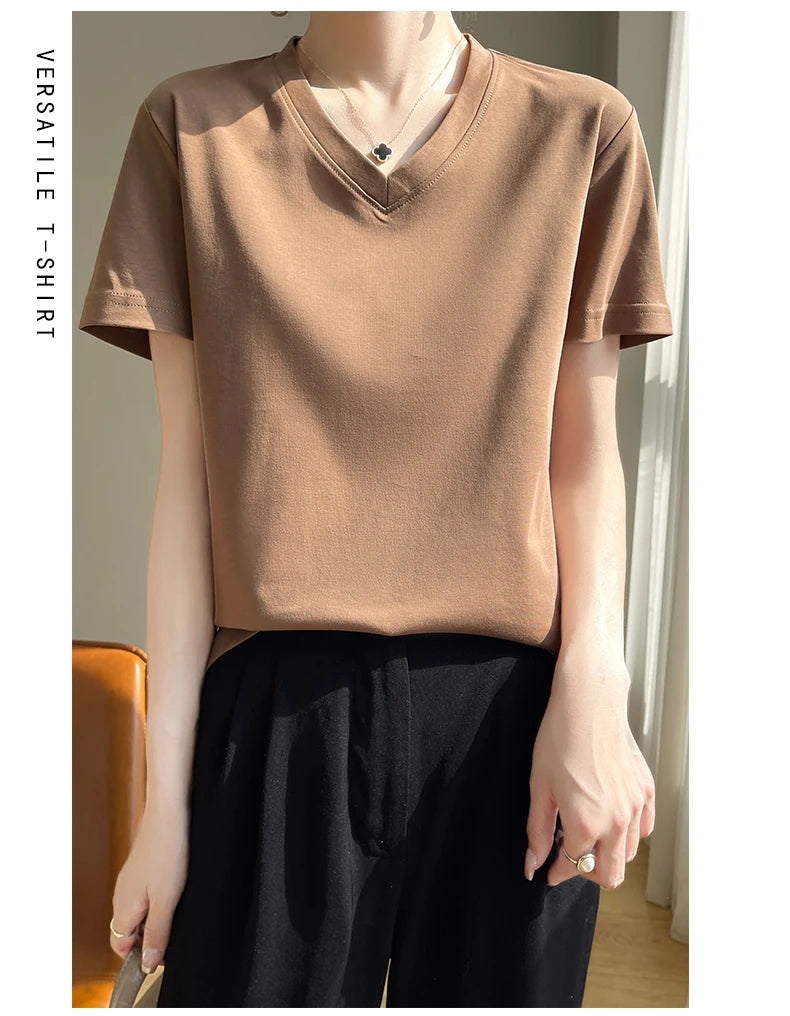 Summer V-neck 100% Cotton Short-Sleeved T-Shirt Women's Loose Mercerized Cotton Half-Sleeve Bottoming Shirt White High-end Top