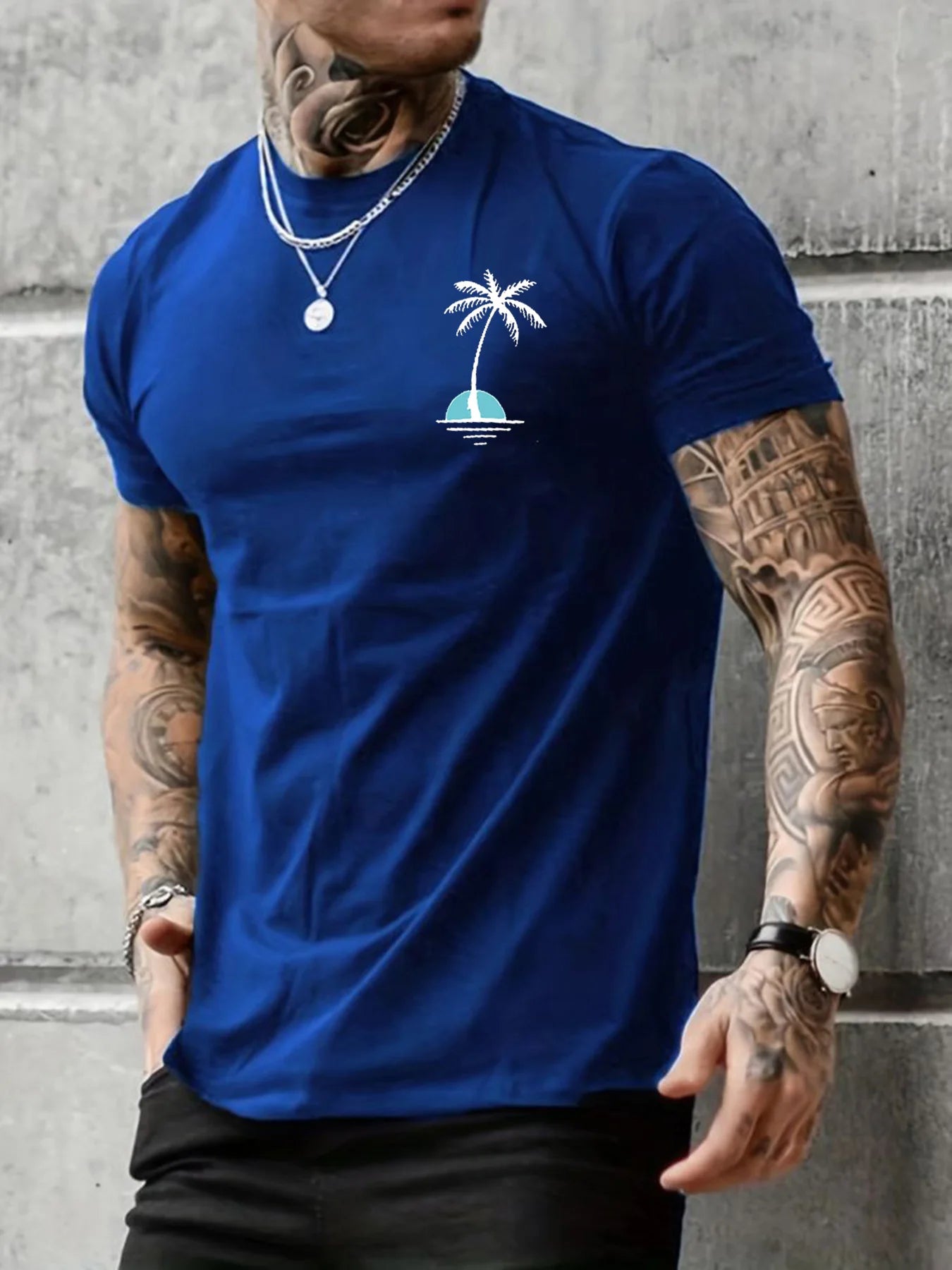 Men's Summer Casual Loose Size 100% Cotton Coconut trees Print Round Neck Short Sleeve T-shirt Top