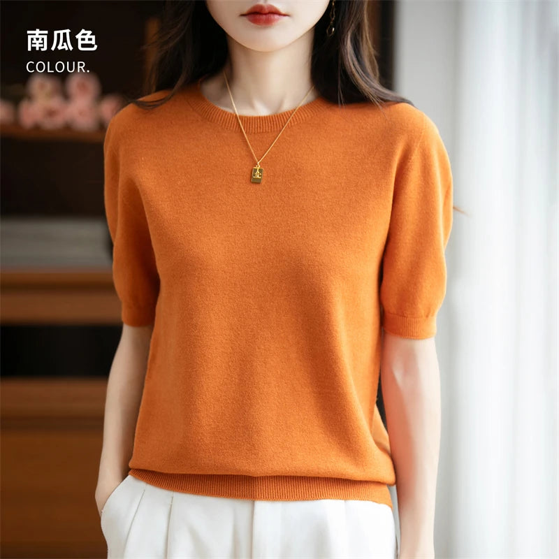 Fall/winter women's O-neck basic warm casual pullover fashion short sleeve 100% wool 22-color knitted sweater.