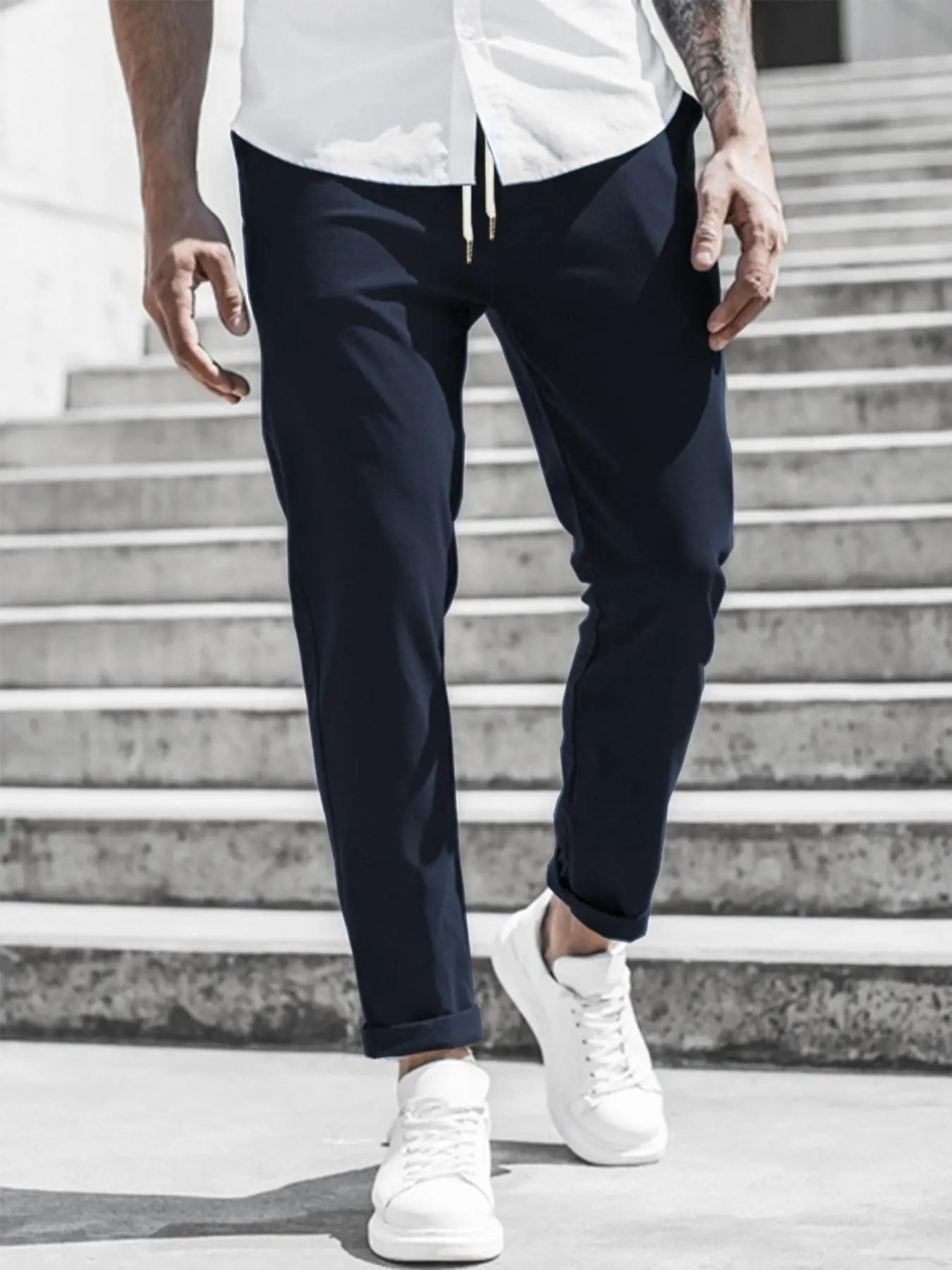 Men's Solid Color Casual Pants with Drawstring Waist Regular Fit Comfy Trousers with Pockets for Spring And Fall