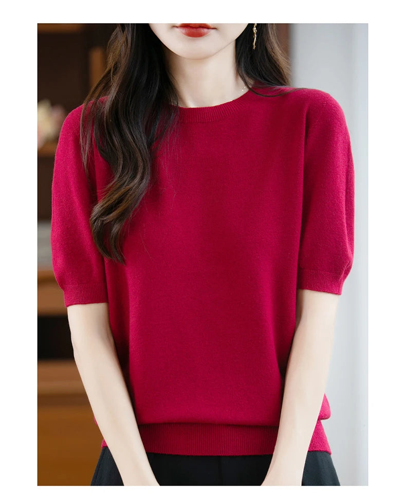 Fall/winter women's O-neck basic warm casual pullover fashion short sleeve 100% wool 22-color knitted sweater.