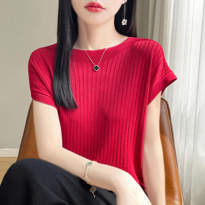 Summer Thin Ice Silk Knitted Loose T-Shirt Women's Short Sleeve Versatile Top Breathable Cool Feeling Pure Color Basic Fit