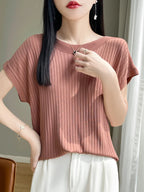 Summer Thin Ice Silk Knitted Loose T-Shirt Women's Short Sleeve Versatile Top Breathable Cool Feeling Pure Color Basic Fit