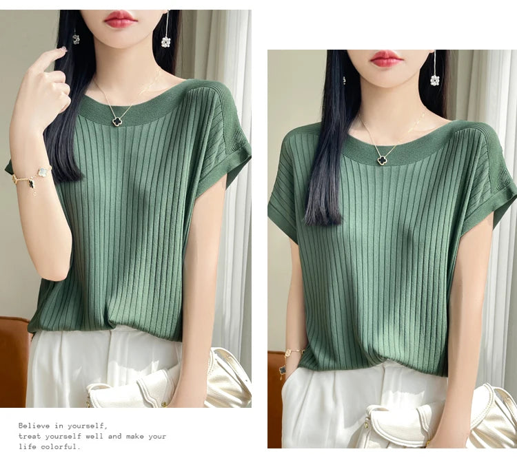 Summer Thin Ice Silk Knitted Loose T-Shirt Women's Short Sleeve Versatile Top Breathable Cool Feeling Pure Color Basic Fit