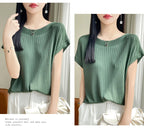 Summer Thin Ice Silk Knitted Loose T-Shirt Women's Short Sleeve Versatile Top Breathable Cool Feeling Pure Color Basic Fit