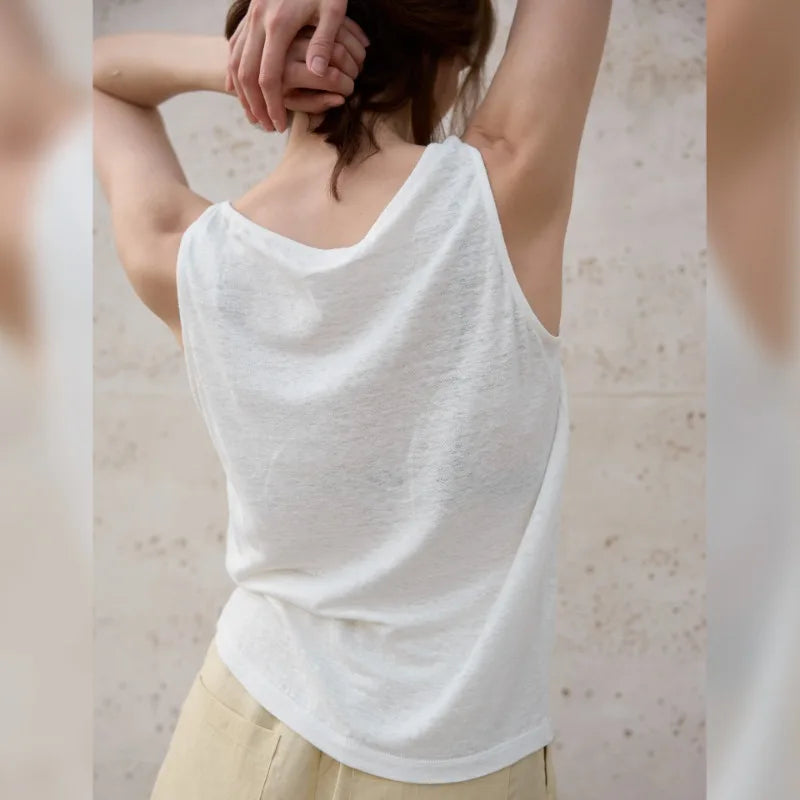 100% Hemp Knitted Thin Tank Top For Women Solid Color Summer Round Neck Sleeveless New Breathable Tops White Tops