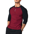New Slim Fit Round Neck Long Sleeve T-Shirt Men with Arm Color Block Casual Base Layer