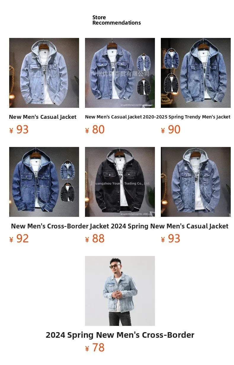 Casual Men's Denim Jacket Spring Autumn American Simple Trendy Hoodie Detachable Breathable Wear Resistant Windproof Sweat AB...