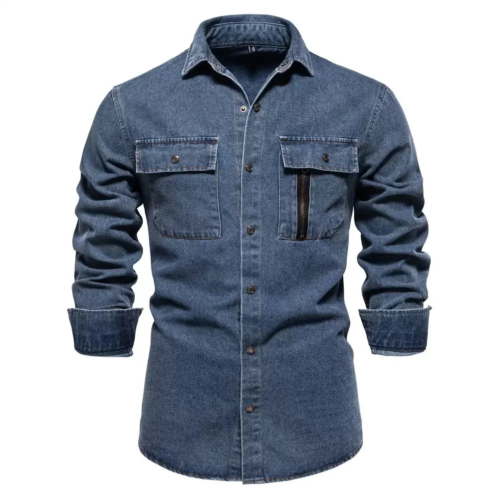 Autumn and Spring New Trend American Vintage Pure Cotton Long Sleeve Denim Shirt Men's Loose Sports Plus Size High-End Shirt