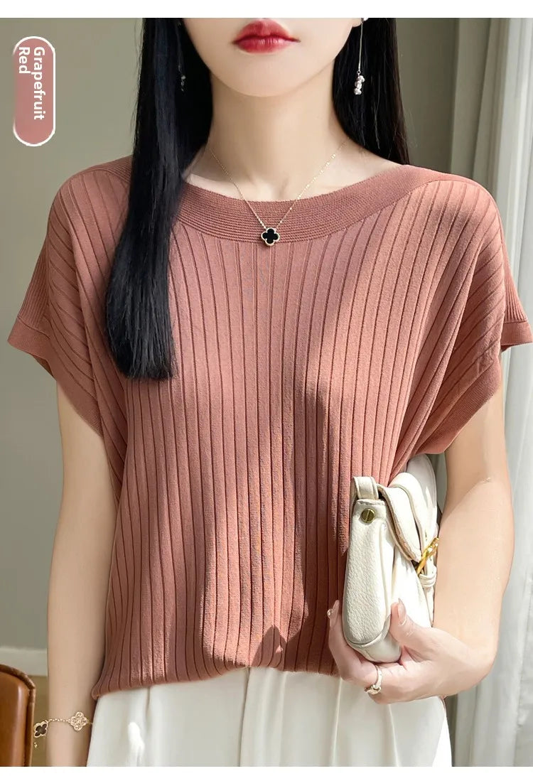 Summer Thin Ice Silk Knitted Loose T-Shirt Women's Short Sleeve Versatile Top Breathable Cool Feeling Pure Color Basic Fit
