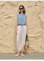 100% Linen Tank Top Women 2026 Summer Breathable Short Tops Sleeveless Casual Loose Cotton Linen Drawstring Crop Tops