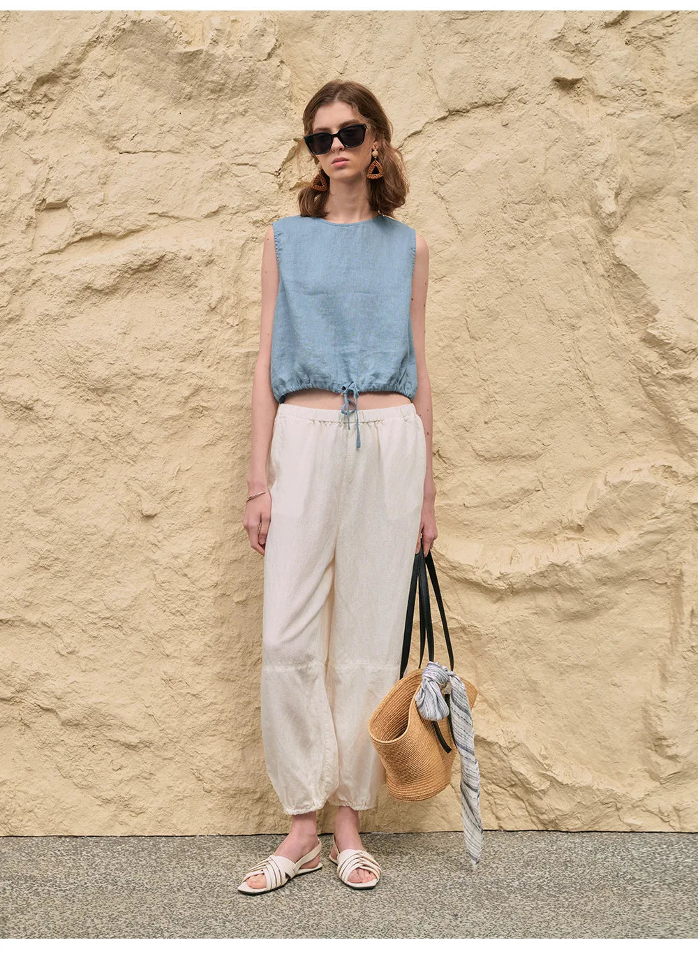100% Linen Tank Top Women 2026 Summer Breathable Short Tops Sleeveless Casual Loose Cotton Linen Drawstring Crop Tops