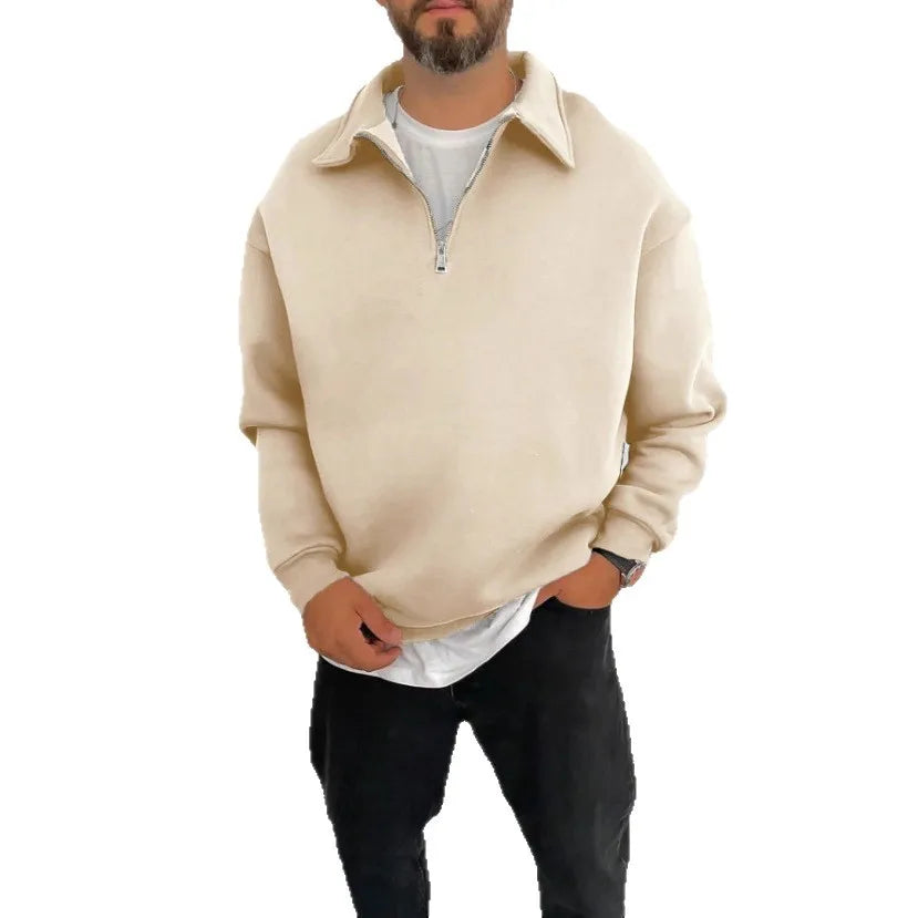 2025 New Men's Double-sided Fleece Half-Zip Casual Hoodie Jacket Autumn Winter Polyester Fiber Sporty Loose Fit Fashion Urban