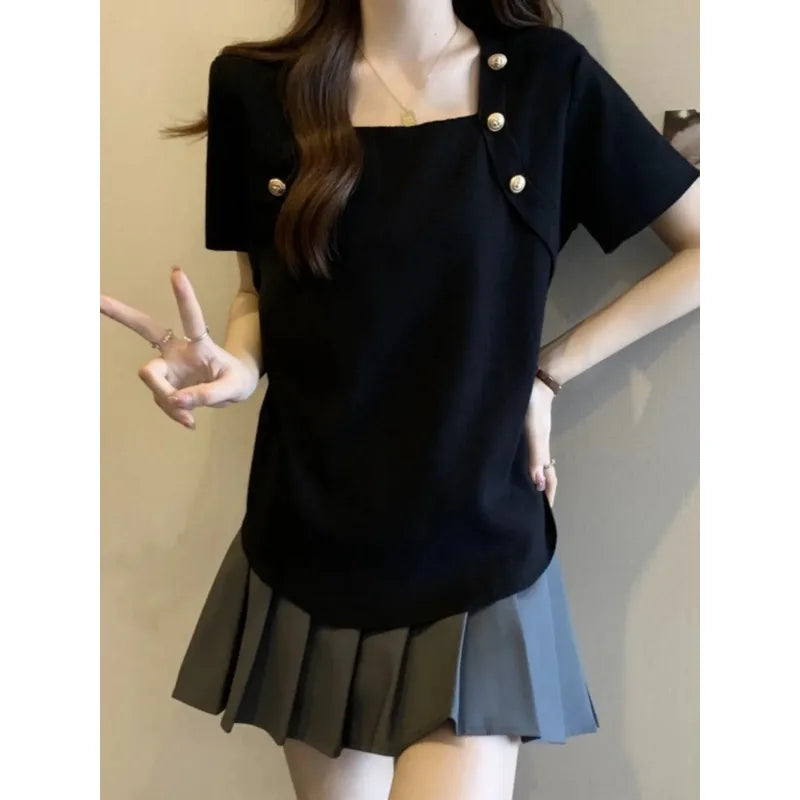Women Plus Size Square Neck Ice Silk Irregular Hem Short Sleeve T Shirt Loose Slimming Casual Summer Top