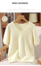 Women's 100% pure mink cashmere V-neck sweater T-shirt solid color knitted fashionable versatile short sleeved pullover sweater