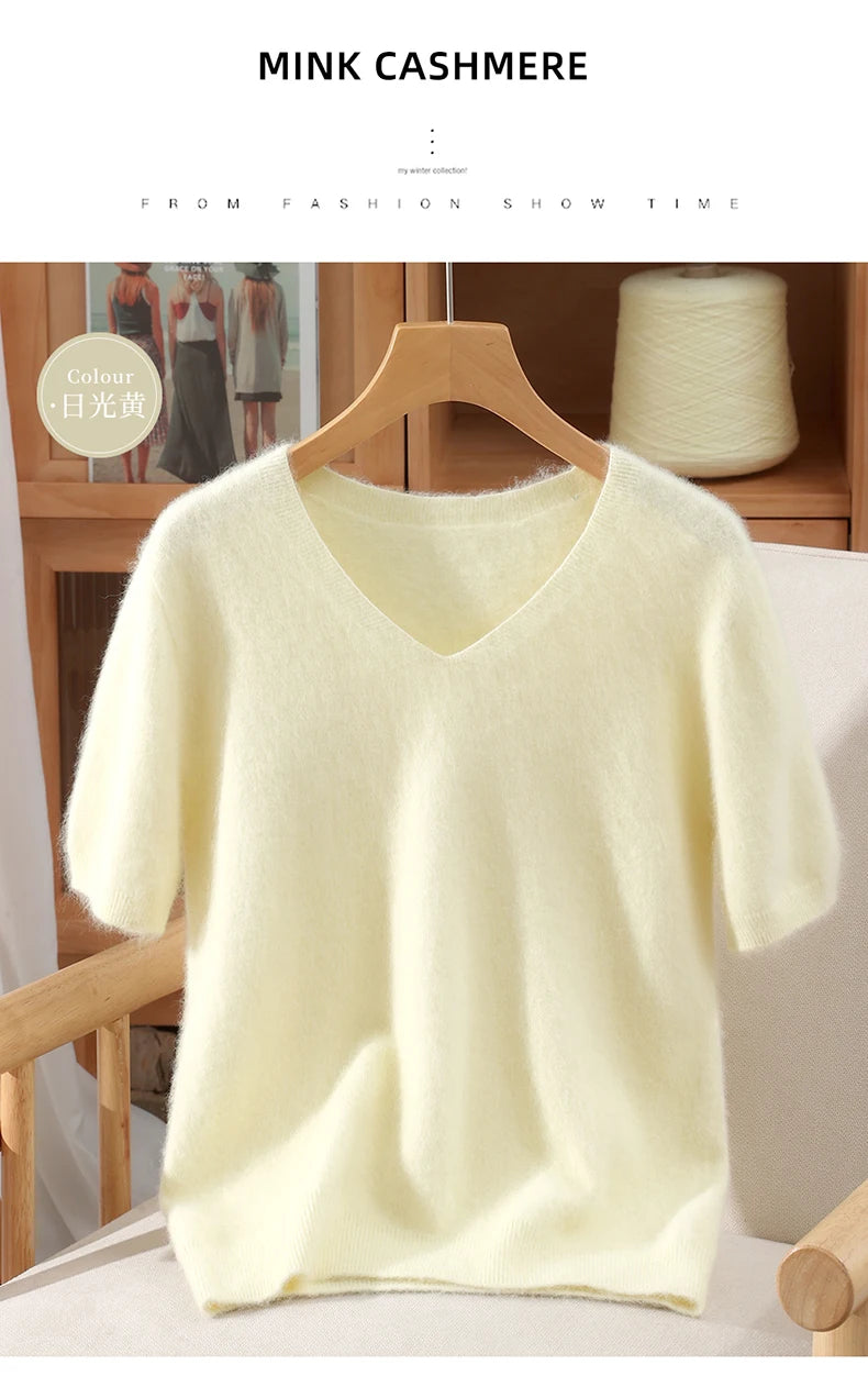 Women's 100% pure mink cashmere V-neck sweater T-shirt solid color knitted fashionable versatile short sleeved pullover sweater