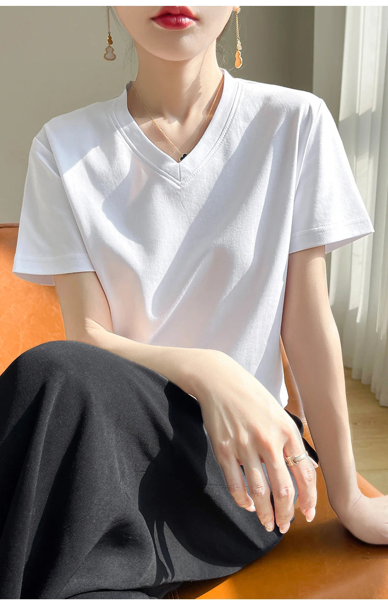 Summer V-neck 100% Cotton Short-Sleeved T-Shirt Women's Loose Mercerized Cotton Half-Sleeve Bottoming Shirt White High-end Top