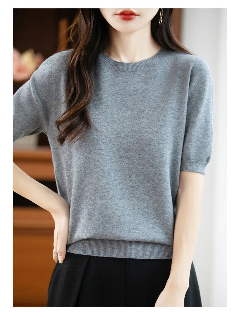 Fall/winter women's O-neck basic warm casual pullover fashion short sleeve 100% wool 22-color knitted sweater.