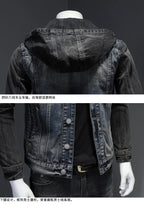 Men Spliced Hooded Washed Denim Jacket Long Sleeve Cardigan Single Breasted Outerwear Loose Coats Pockets High Street Button