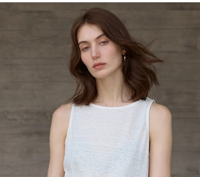 100% Hemp Knitted Thin Tank Top For Women Solid Color Summer Round Neck Sleeveless New Breathable Tops White Tops