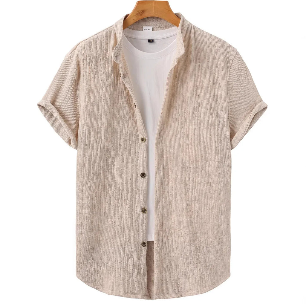 Casual Summer Shirt Men's Stand Collar Short Sleeve Light Maturity Leisure T-Shirt Open Cardigan Polyester Quick Dry Anti-Def...