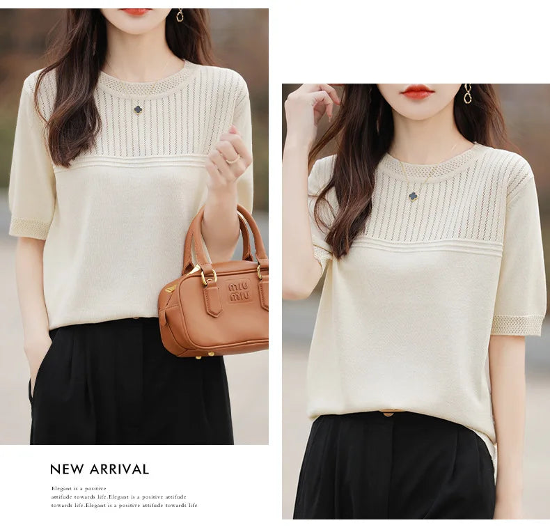 Women Sweater Short Sleeve Spring Summer O-neck Bottoming Shirts Casual Korean Knitted Pullovers Solid Loose Hollow Out Jumpers