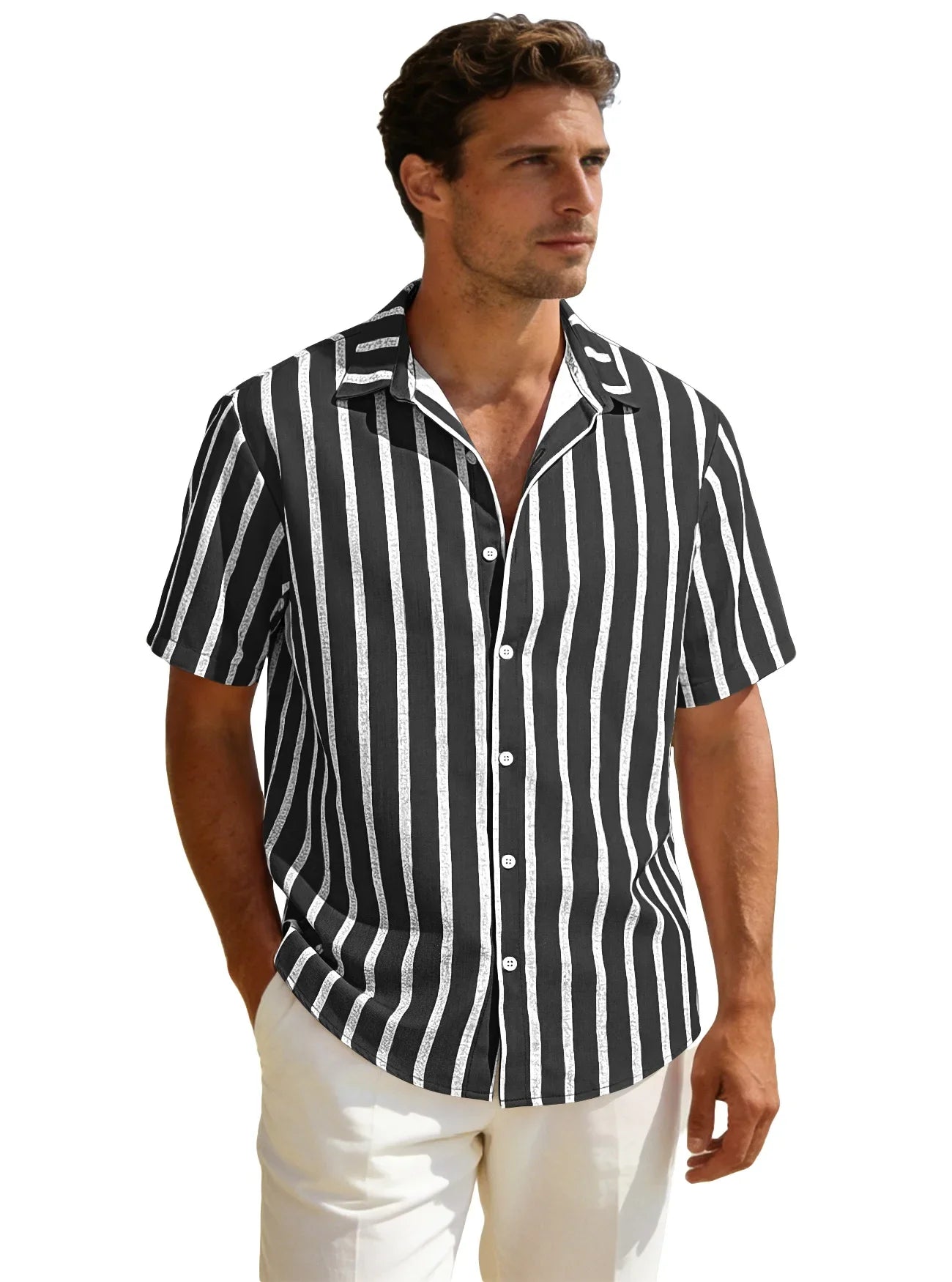 Summer new men's striped short sleeved shirt, men's casual versatile loose short sleeved shirt