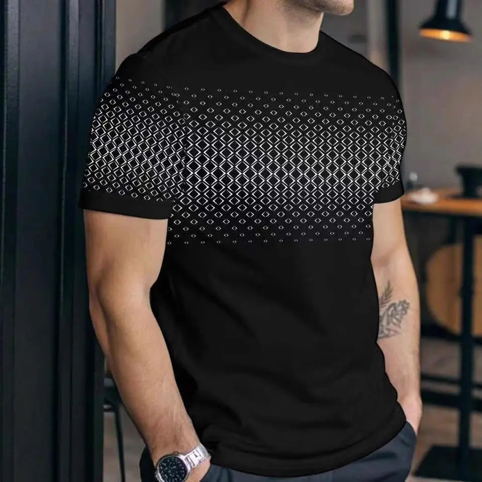 Men's Summer Thin Short Sleeve T-Shirt round Neck Print Polyester Fiber Square Pattern Men's Fashion Independent Station