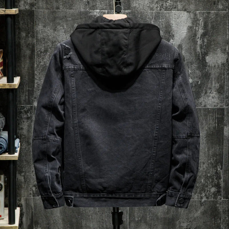 Spring 2023 Men's Loose Fit Thickened Fleece Lined Detachable Hooded Denim Jacket Youth Fashion Winter Outerwear Casual Jeans...